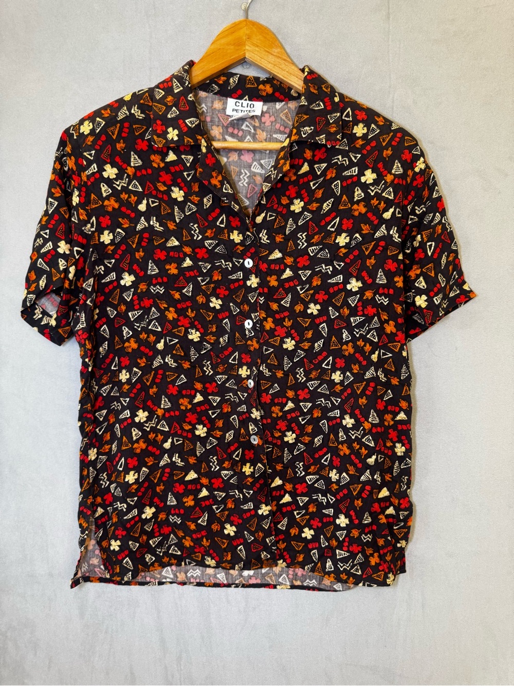 Clio Petites Silk Blouse PL Black Abstract Print Button Up Vintage 90s